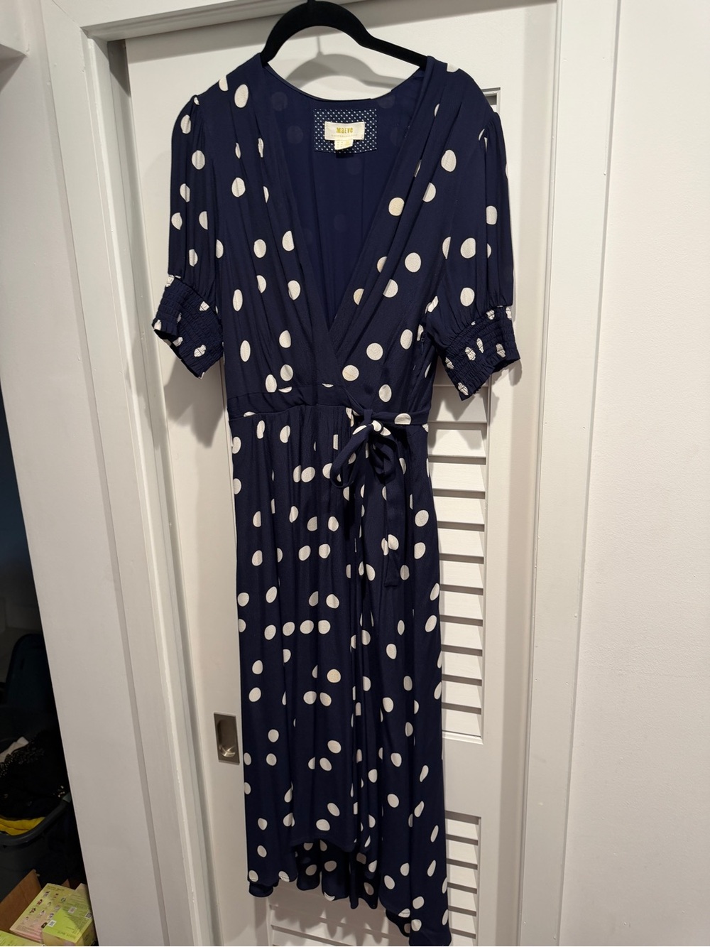 Maeve Navy Faux Wrap Dress with White Polka Dots- 10